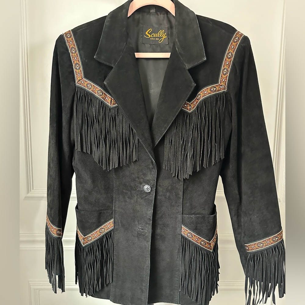 Scully Black Suede Fringe Western Jacket with Embroidered Trim Size Medium